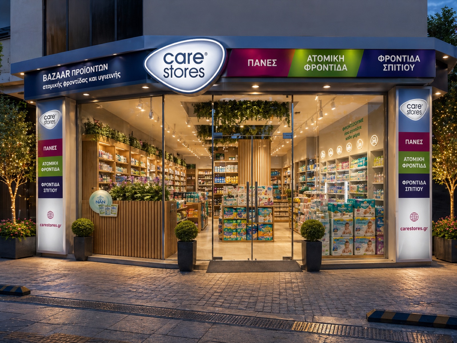 Πραγματικό κατάστημα CARESTORES την ώρα του δειλινού